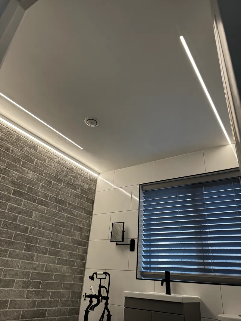 Bathroom rewire in Kettering with plaster-in LED profile lighting and roll-top bath feature lighting — Entigen