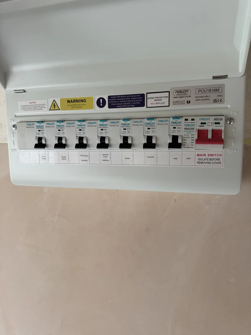 Finished Niglon RCBO consumer unit replacement in Rushden with Type 2 surge protection