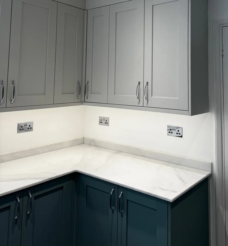 Finished full kitchen rewire in Northampton with under-pelmet LED lighting and polished chrome sockets