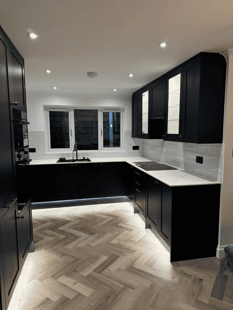 Kitchen rewire as part of a full property renovation in Kettering — new circuits, appliance supplies and LED lighting by Entigen