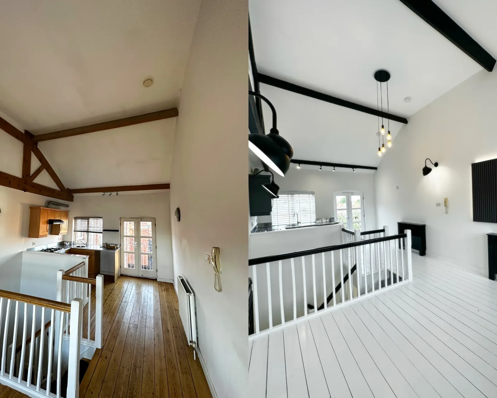 Monochrome loft conversion completed by Entigen — black beams, white floors, pendant lighting
